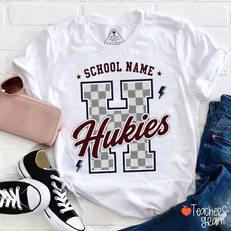 Personalized Mascot Checkered Varsity Letter Teacher T-Shirt