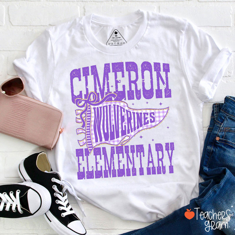 Personalized Mascot Elementary Gingham Pennant Distressed Text Teacher T-Shirt