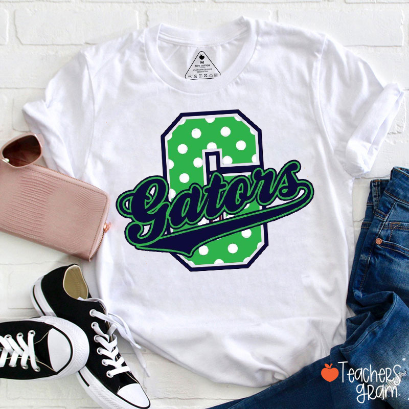 Personalized Mascot Polka Dot Varsity Letter Script Teacher T-Shirt
