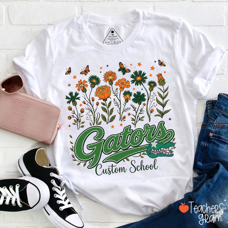 Personalized Mascot Wildflower Script Teacher T-Shirt