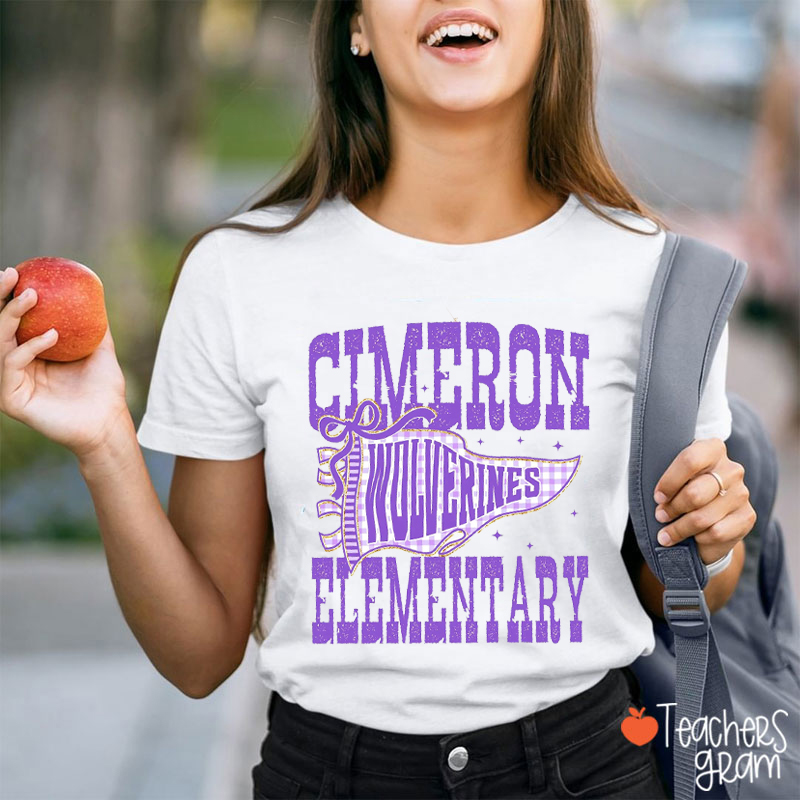 Personalized Mascot Elementary Gingham Pennant Distressed Text Teacher T-Shirt