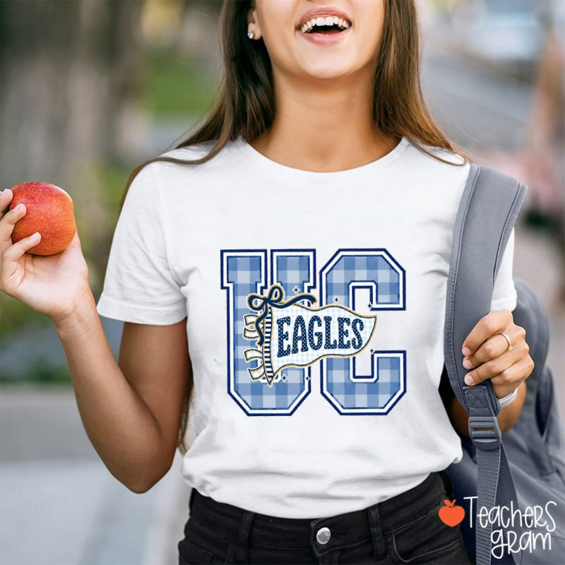 Personalized Mascot Gingham Varsity Letter Bow Teacher T-Shirt