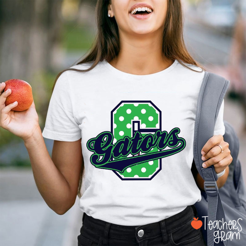 Personalized Mascot Polka Dot Varsity Letter Script Teacher T-Shirt