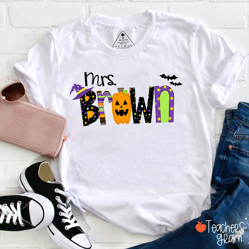 Personalized Name Pumpkin Halloween Teacher T-Shirt