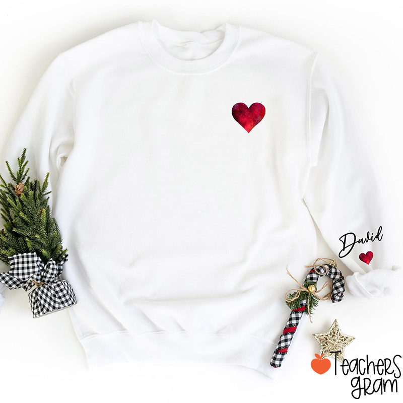 Personalized Name Love Heart Valentines Day Teacher Sleeve Print Sweatshirt