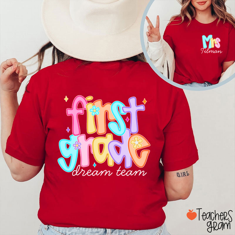 Personalized Grade And Name Candy Color Fonts Teacher Two Sided T-Shirt