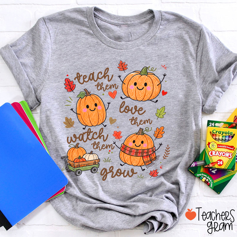Teach Them Love Them Watch Them Grow Cute Pumpkin Autumn Leaf Teacher T-Shirt