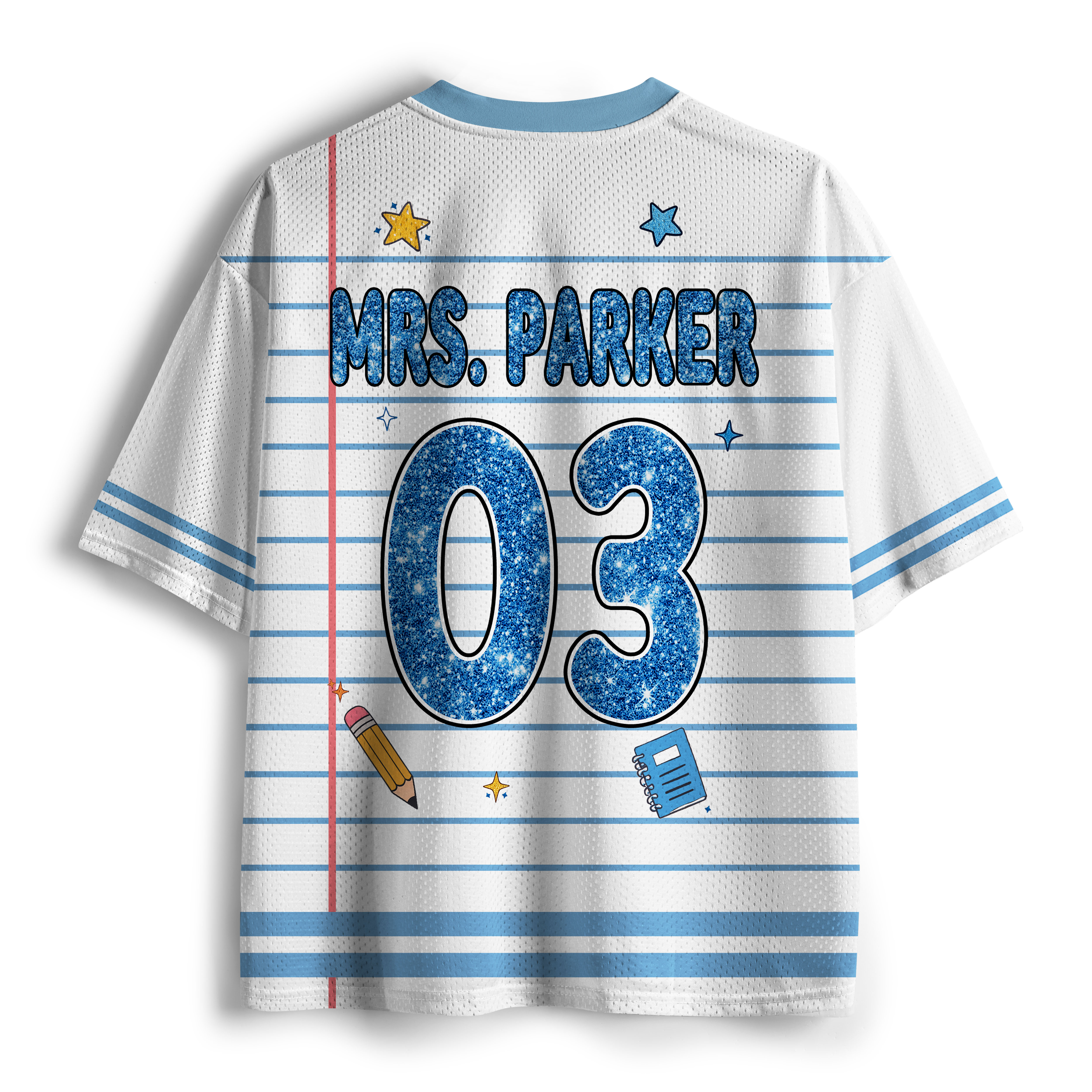 Personalized Grade And Name Notebook Lines Blue Printing Teacher Mesh Jersey