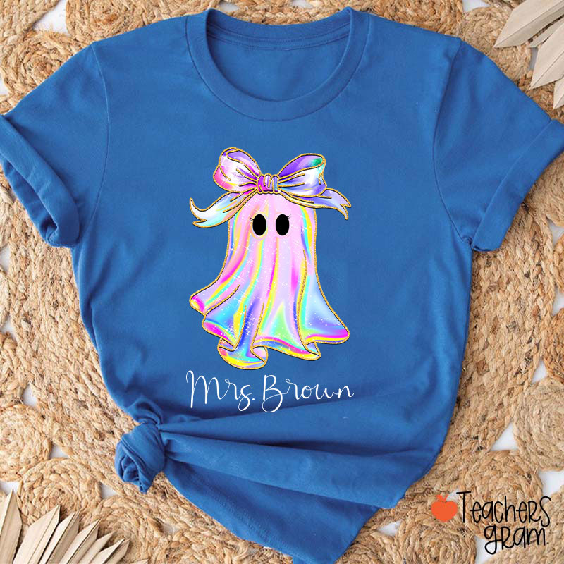 Personalized Name Colorful Neon Bow Ghost Teacher T-Shirt