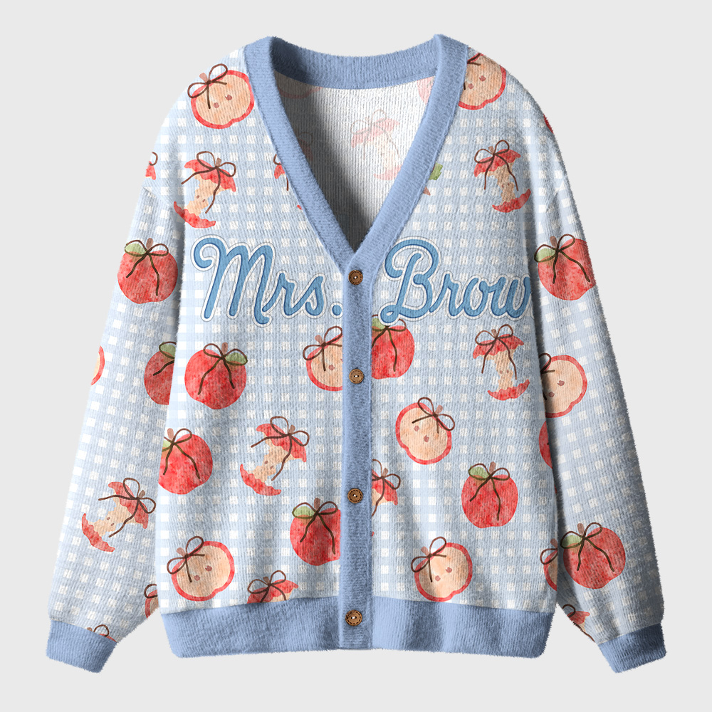 Personalized Name Apple Gingham Teacher Ugly Cardigan Sweaters
