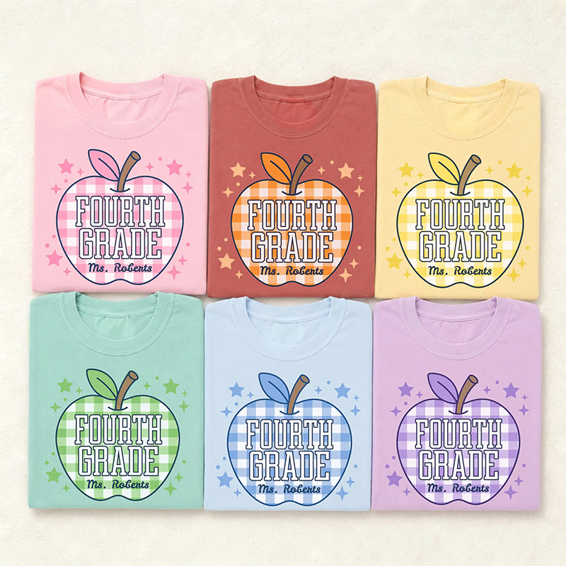 Personalized Name Grade Gingham Apple Star Teacher T-Shirt