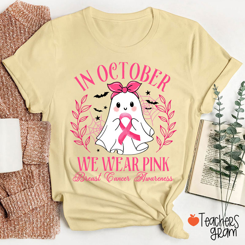 Halloween Ghost Breast Cancer Awareness Teacher T-Shirt