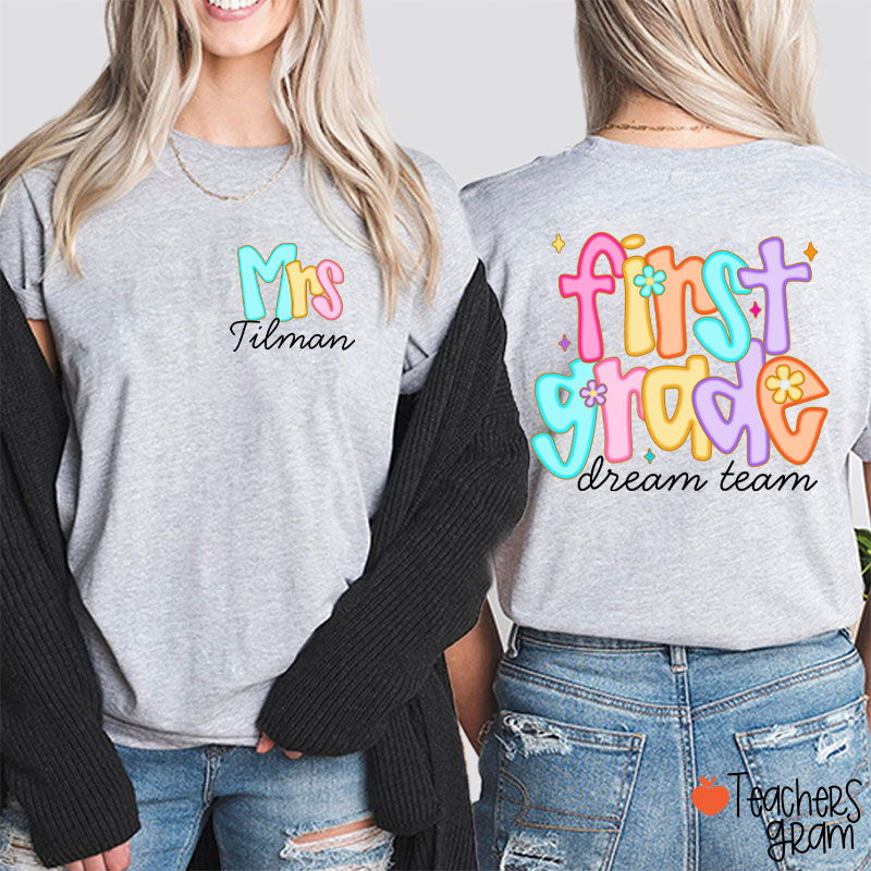 Personalized Grade And Name Candy Color Fonts Teacher Two Sided T-Shirt