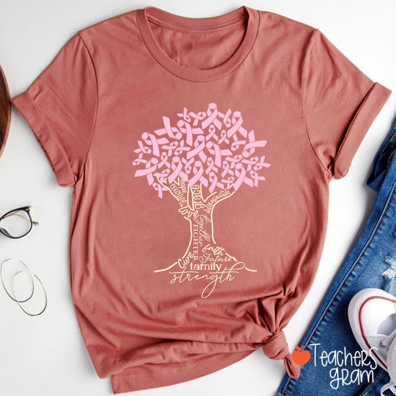 Pink Ribbon Tree Breast Cancer Teacher T-Shirt