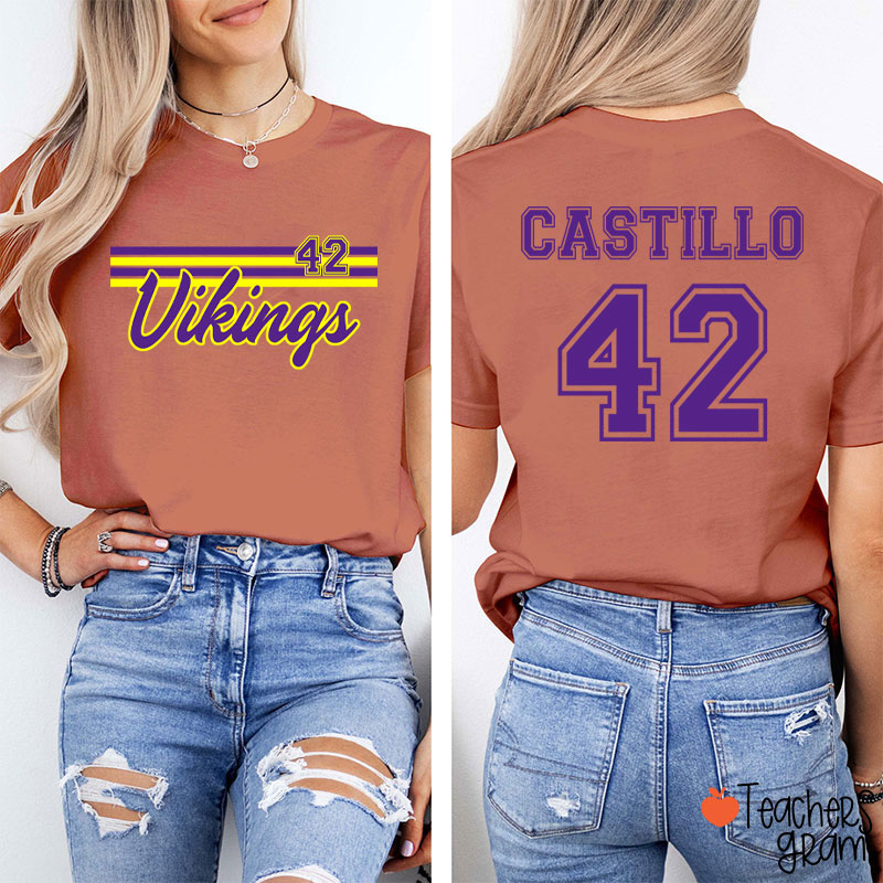 Personalized Mascot Contrast Color Line Design Teacher Two Sided T-Shirt