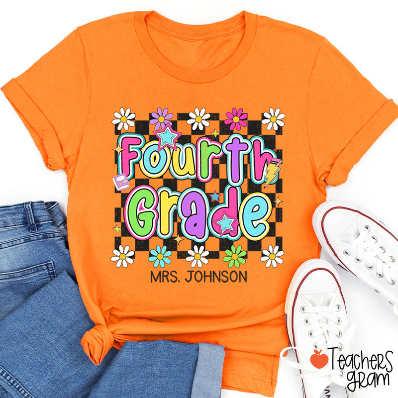 Personalized Name And Grade Checkered Flowers Teacher T-Shirt
