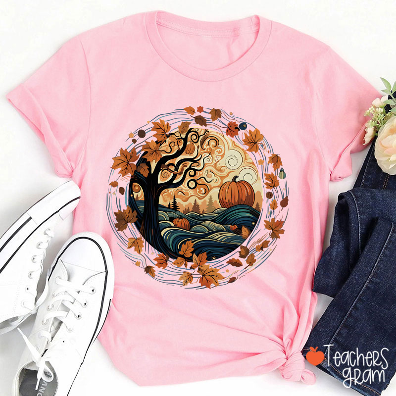 Cottagecore Pumpkins Leaves Trees Fall Vibe Teacher T-Shirt