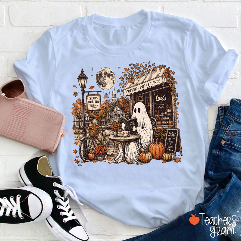 Ghost Reading At Coffee Shop Halloween Teacher T-Shirt