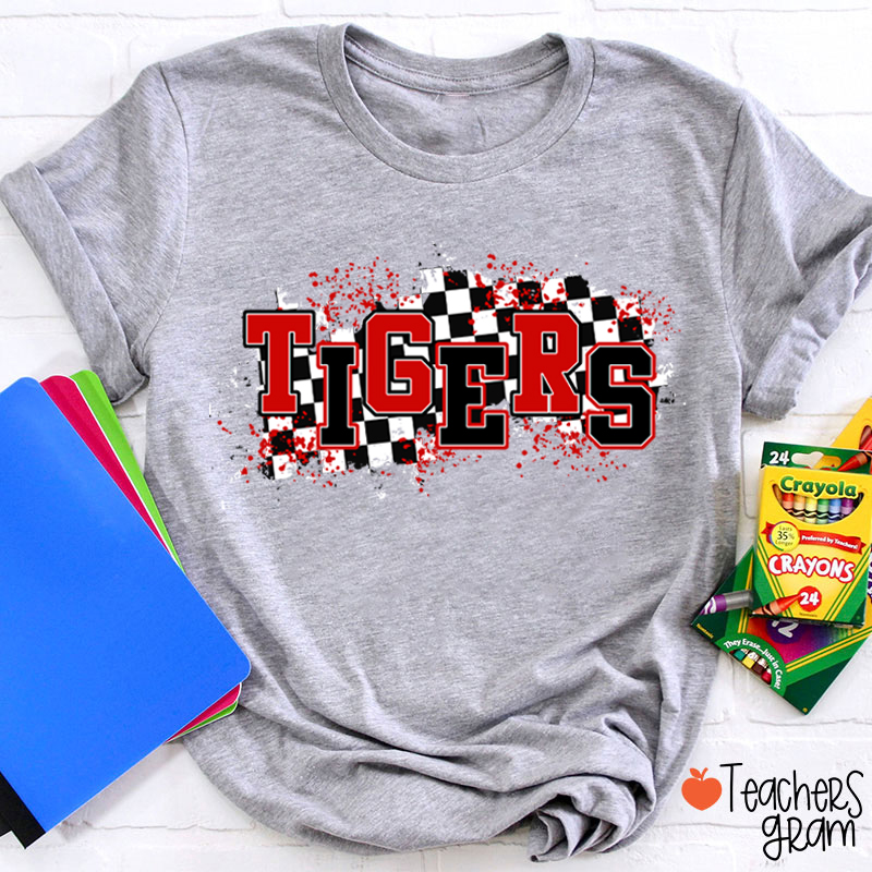 Personalized Mascot School Spirit Checkered Print Teacher T-Shirt