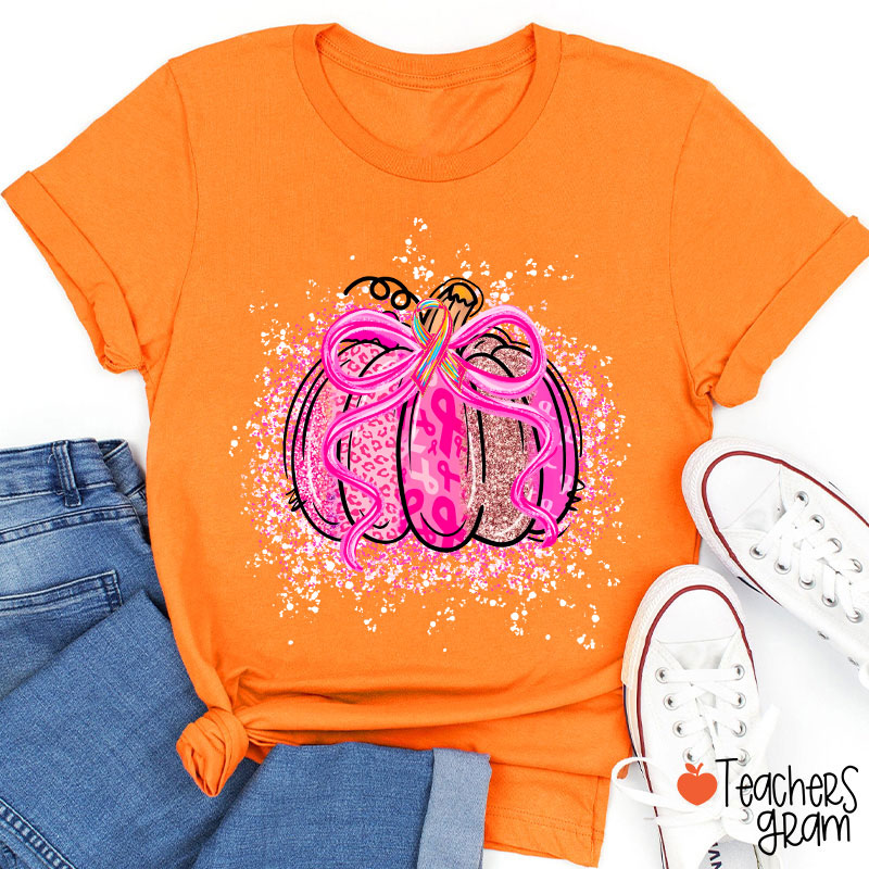Pumpkin Theme Pink Ribbon Teacher T-Shirt
