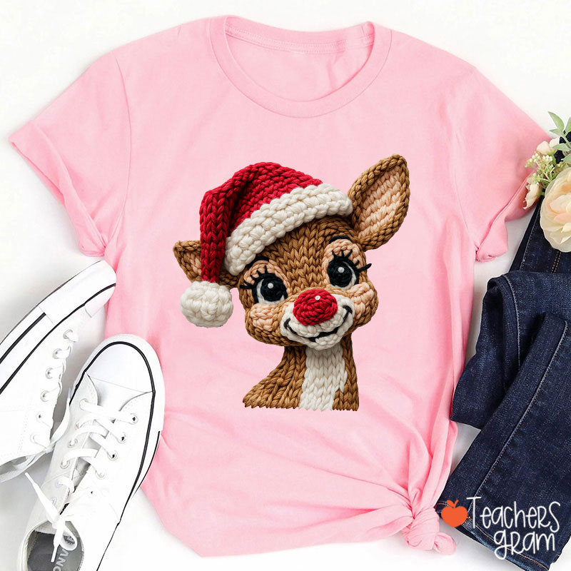 Faux Yarn Christmas Reindeer Teacher T-shirt