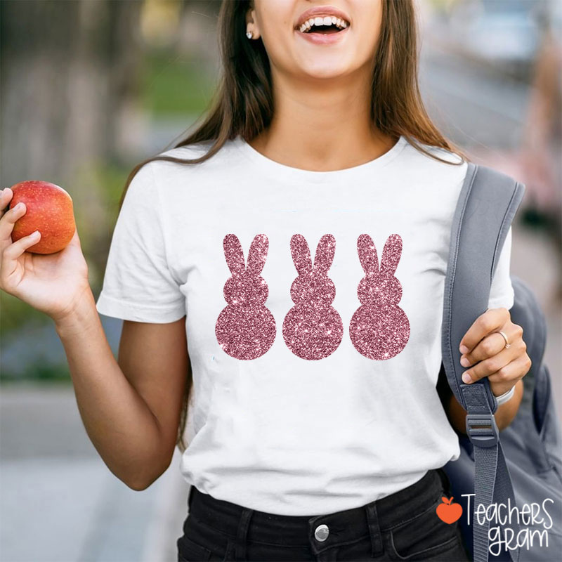 Three Glitter Cute Bunnies Teacher T-Shirt