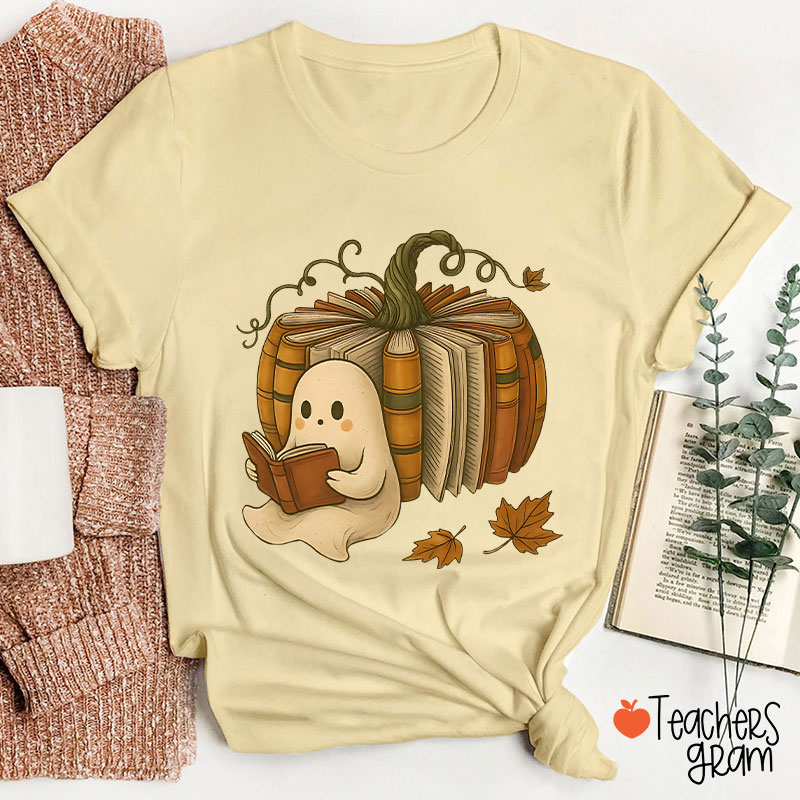 Ghost Reading Book Pumpkin Teacher T-Shirt