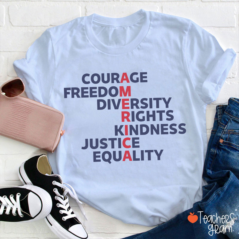 Courage Freedom Diversity Right Kindness Justice Equality America Teacher T-Shirt