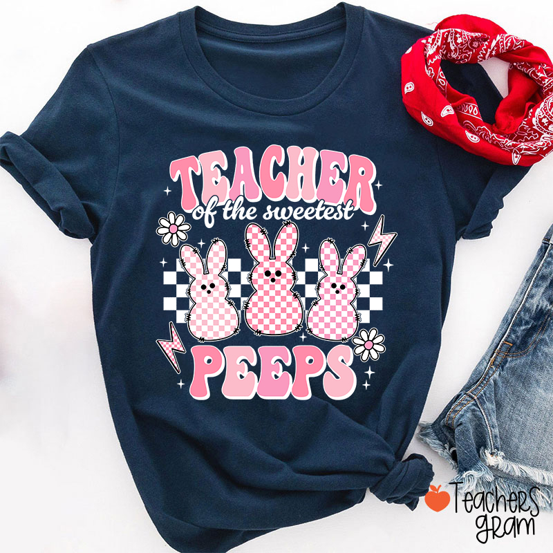 Pink Checkerboard Bunny Teacher Of The Sweetest Peeps Teacher T-Shirt