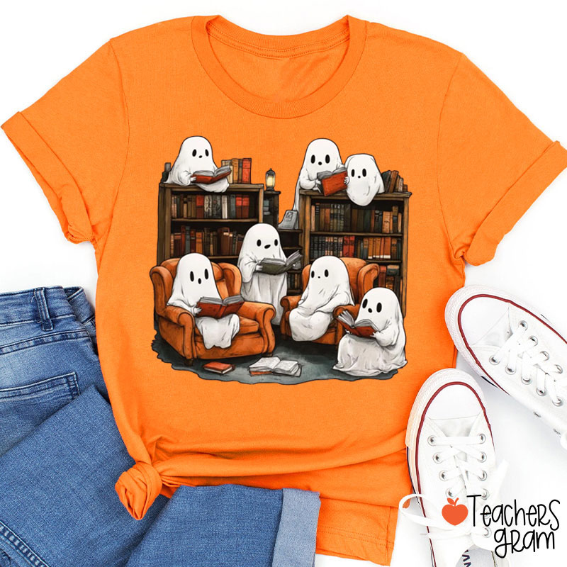 Cute Halloween Ghost Reading Book Teacher T-Shirt