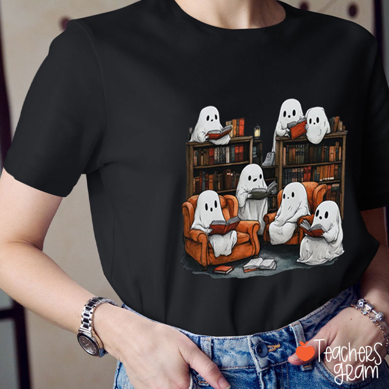 Cute Halloween Ghost Reading Book Teacher T-Shirt