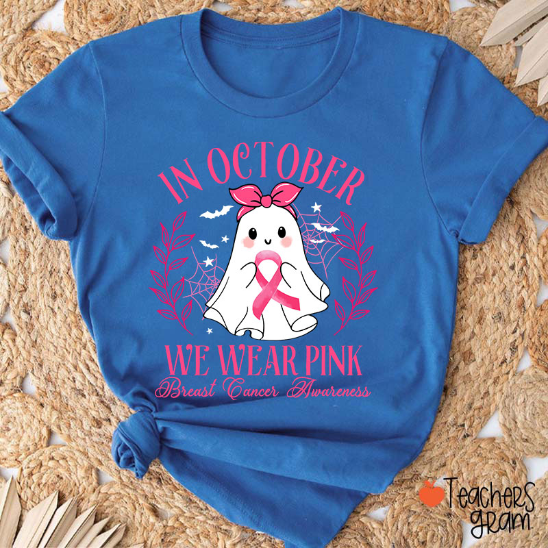 Halloween Ghost Breast Cancer Awareness Teacher T-Shirt Sale-Teachersgram