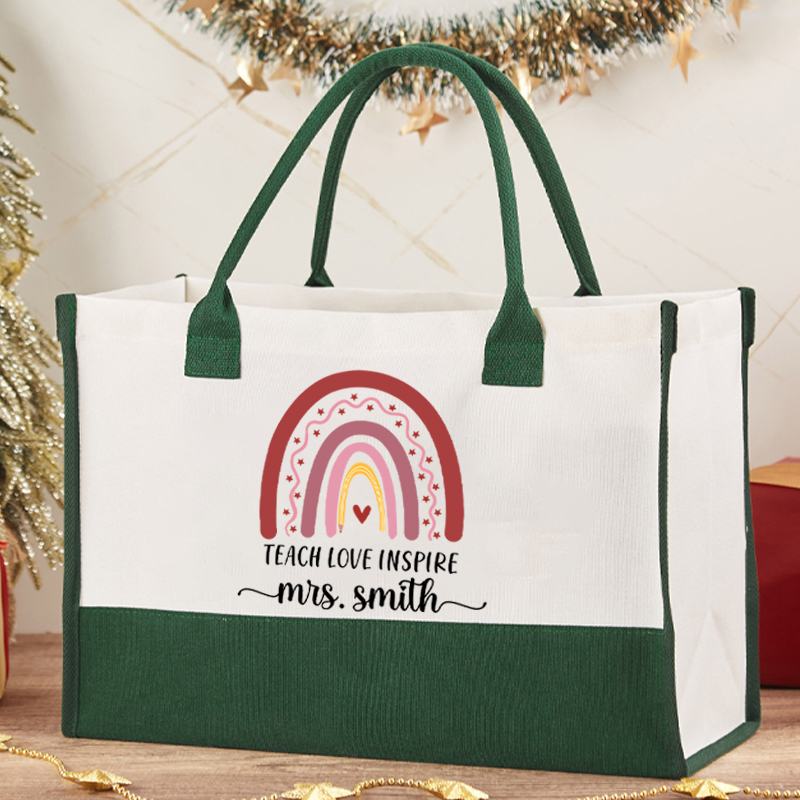 Personalized Teach Love Inspire Pink Rainbow Teacher Cotton Tote Bag