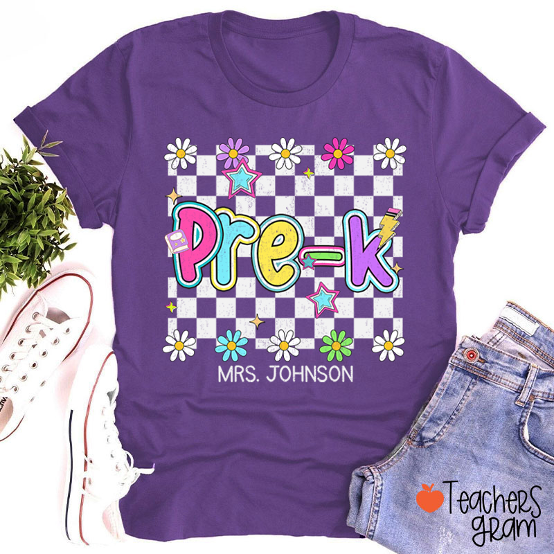 Personalized Name And Grade Checkered Flowers Teacher T-Shirt