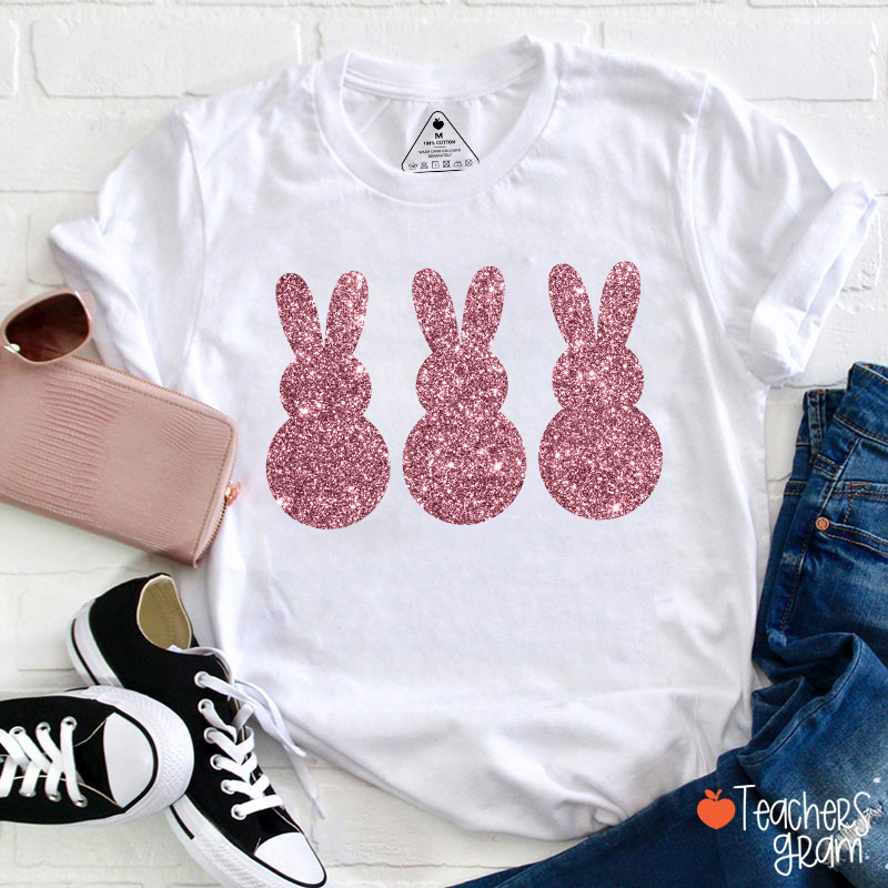 Three Glitter Cute Bunnies Teacher T-Shirt
