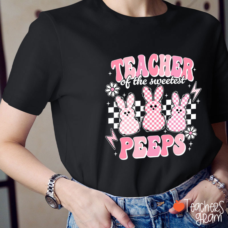 Pink Checkerboard Bunny Teacher Of The Sweetest Peeps Teacher T-Shirt