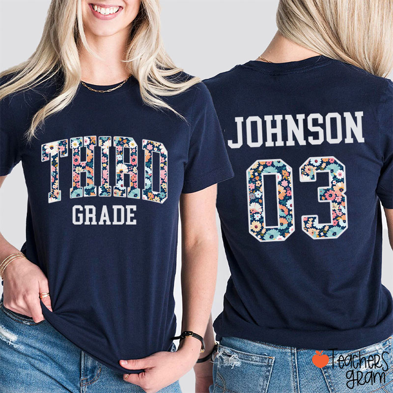 Personalized Grade And Name Floral Fonts Teacher Two Sided T-Shirt