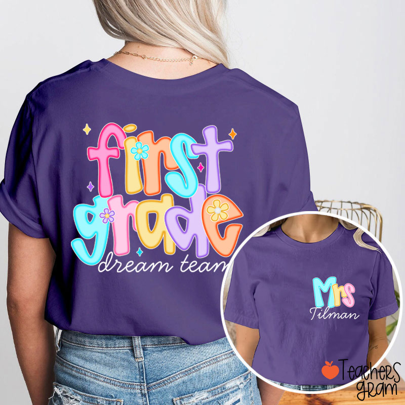 Personalized Grade And Name Candy Color Fonts Teacher Two Sided T-Shirt