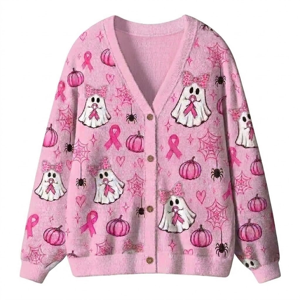 Pink Ribbon Ghost Halloween Teacher Ugly Cardigan Sweaters