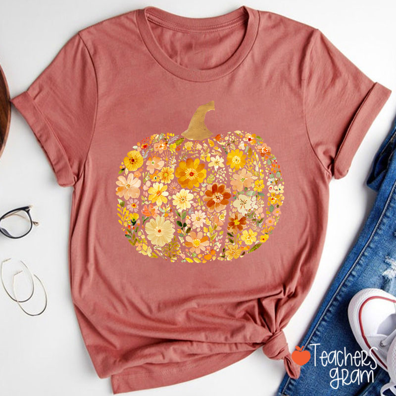 Pumpkin Orange Flowers Grass Teacher T-Shirt
