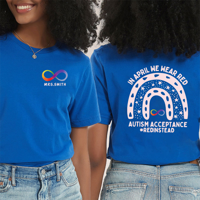 Personalized In April We Wear Red Teacher Two Sided T-Shirt