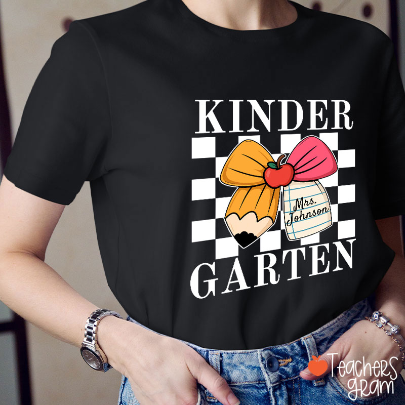 Personalized Grade And Name Pencil Bow Checkered Teacher T-Shirt