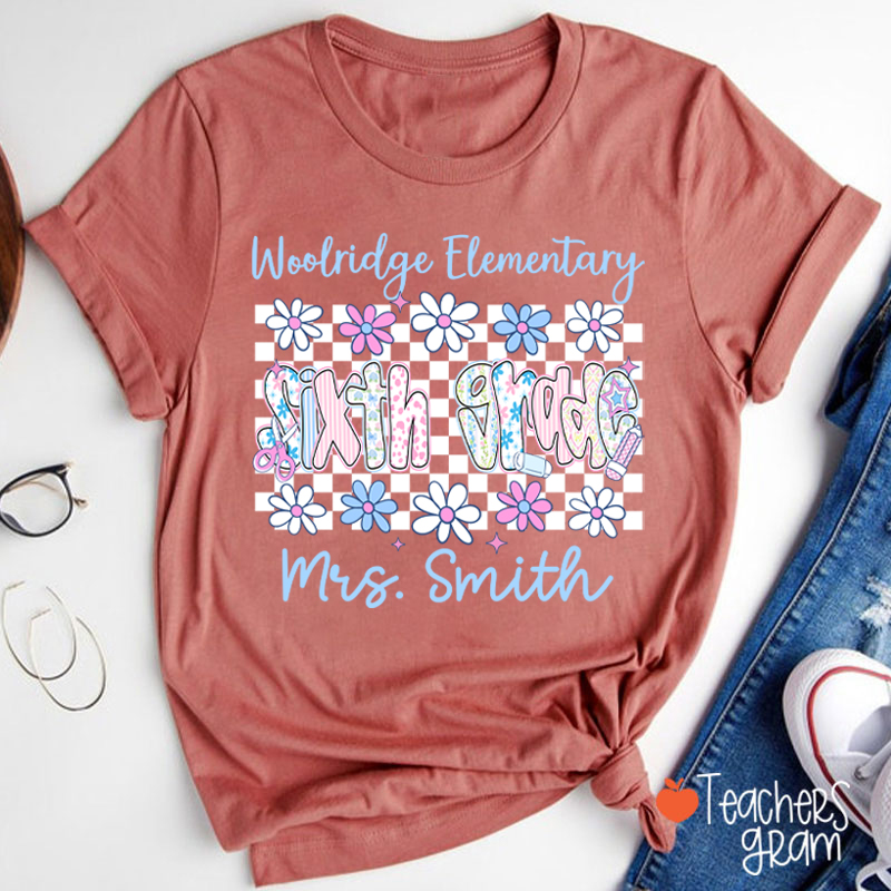 Personalized Name Grade And School Name Checkered Flowers Teacher T-Shirt