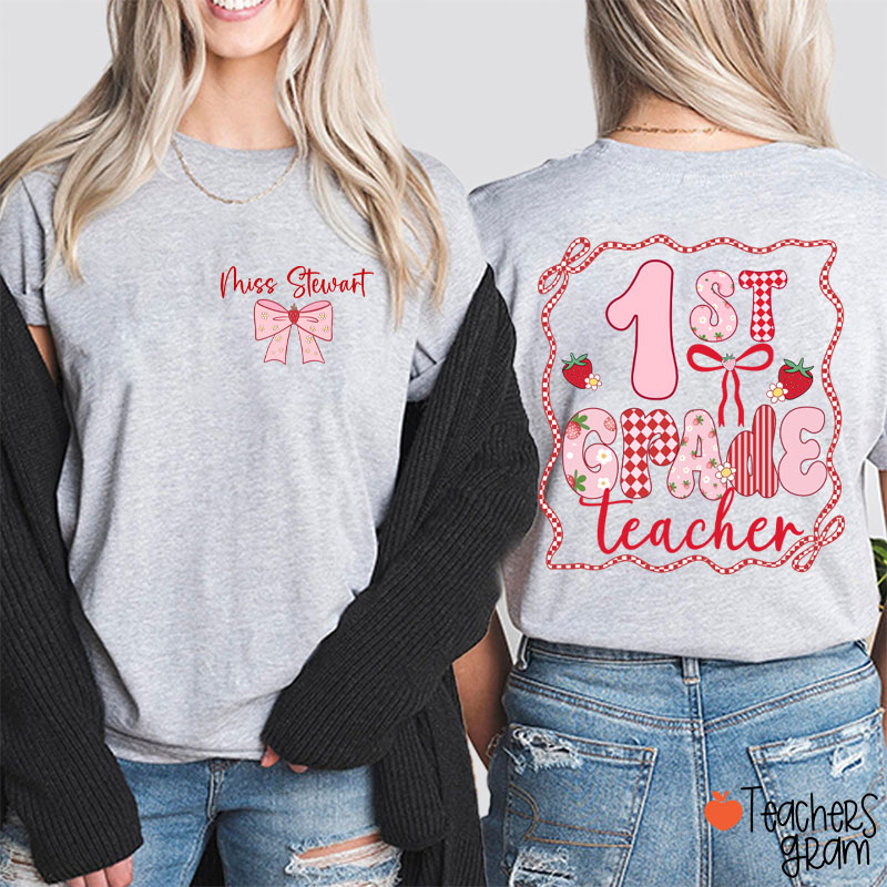 Personalized Name And Grade Strawberry Bow Teacher Two Sided T-Shirt