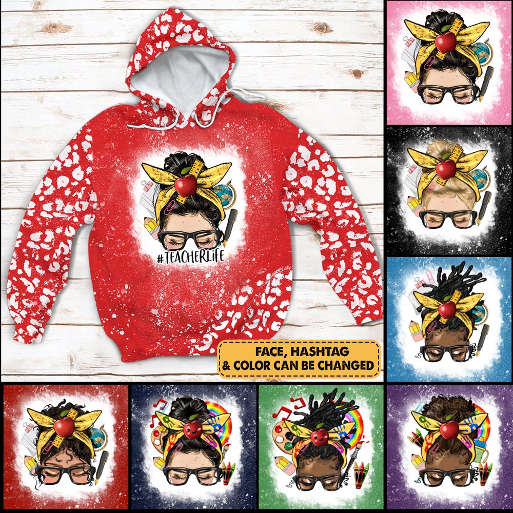 Personalized Messy Bun Teacher Printed Hooded Sweatshirt