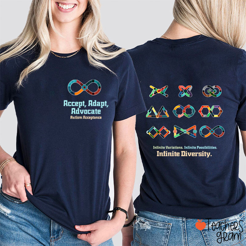 Accept Adapt Advocate Autism Acceptance Teacher Two Sided T-Shirt