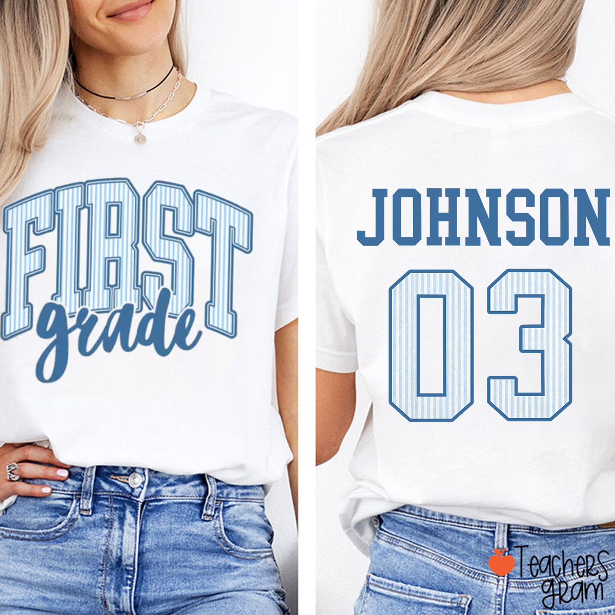 Personalized Name And Grade Striped Varsity Teacher Two Sided T-Shirt