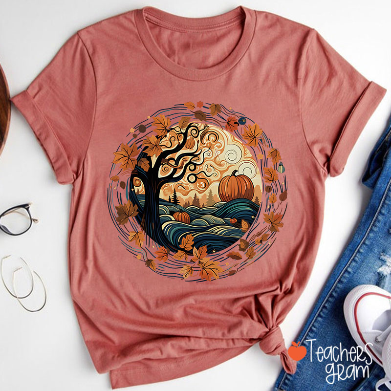 Cottagecore Pumpkins Leaves Trees Fall Vibe Teacher T-Shirt