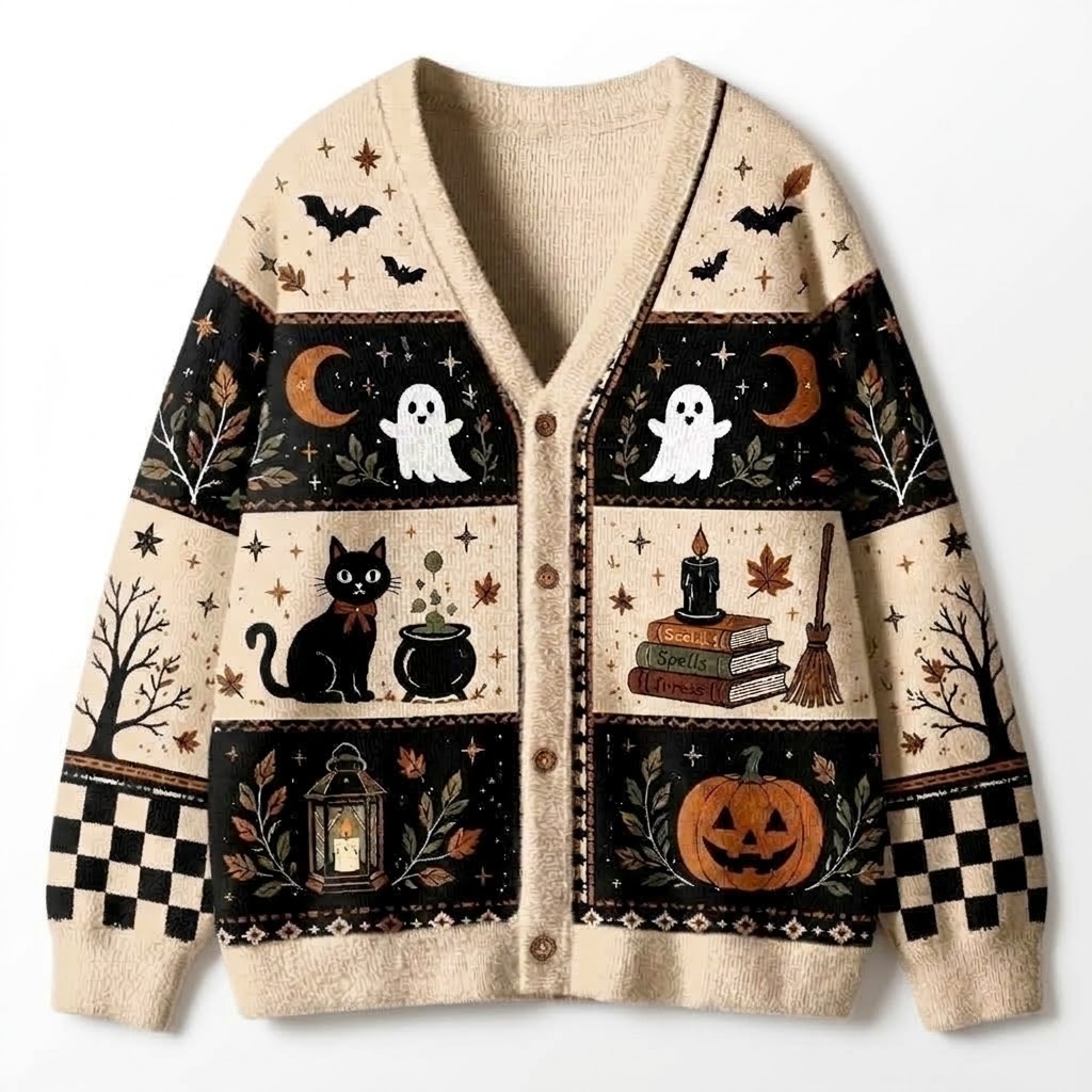 Spooky Season Ghost Black Cat Pumpkin Teacher Ugly Cardigan Sweaters