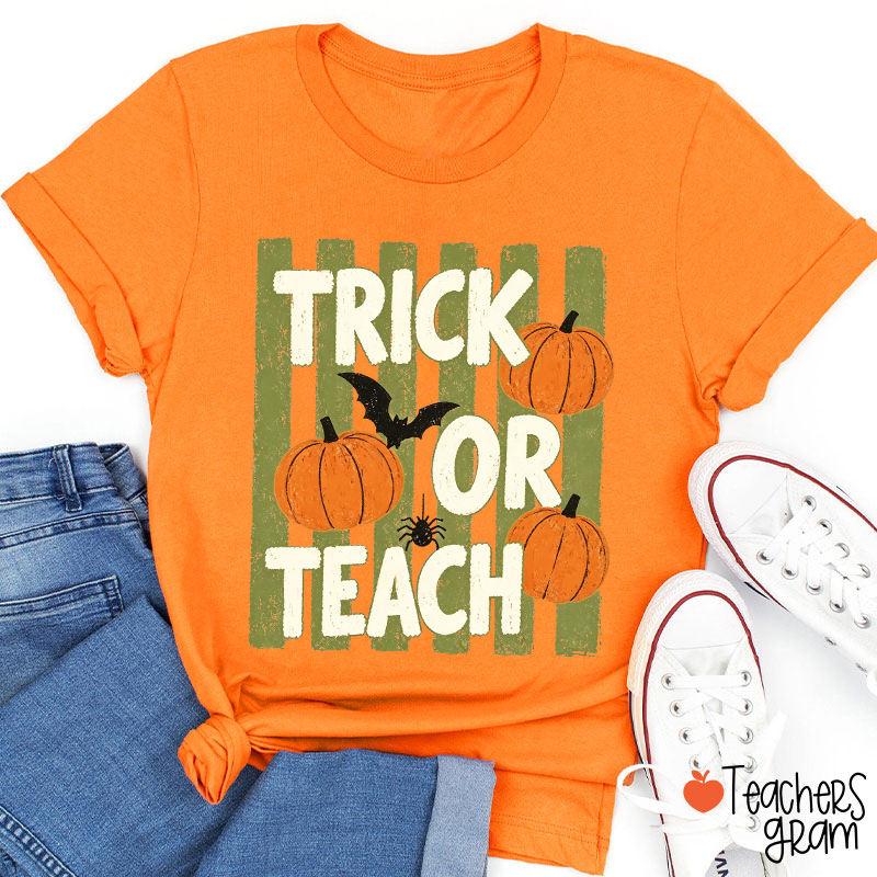 Personalized Trick Or Teach Pumpkin Bat Spider Halloween Teacher T-Shirt